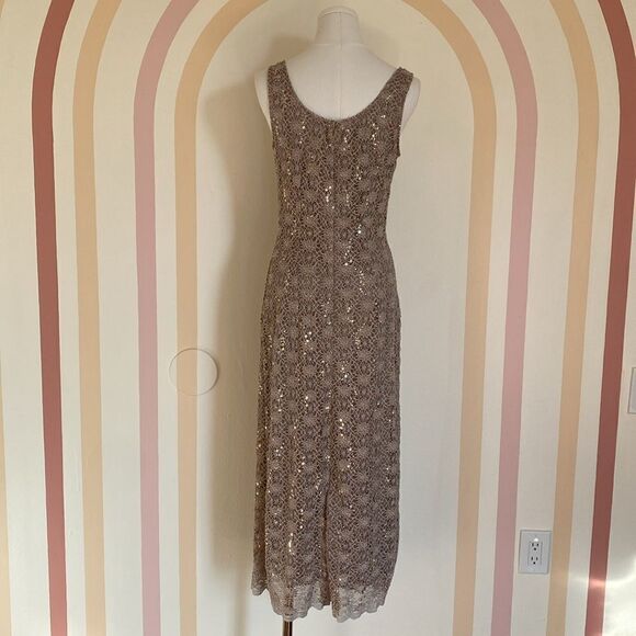 Vintage 90's Cream Knit Lace & Gold Sequin R&M Richards Midi Cocktail Gown Sz 8 - Picture 6 of 13